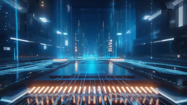 Futuristic digital chip data processing in high tech environment.