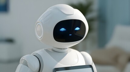 Close-up of a friendly white humanoid robot with glowing blue eyes holding a tablet.
