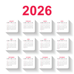 2026 Calendar template on white background. 2026 wall calendar design week start sunday. yearly planner layout with 12 months. vector illustration