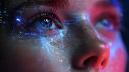 Close-up of a human eye with futuristic digital data overlay.