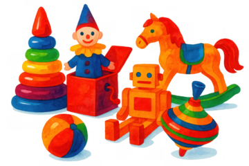 Childhood toys collection with a colorful rocking horse, robot, clown jack-in-the-box, stacking rings, ball, and spinning top in watercolor style