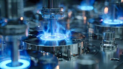 Close-up of a modern gas stove with blue flames burning brightly.