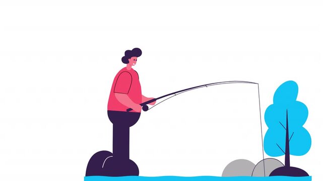 Fisherman with a fishing rod. Animation of fishing on the river, alpha channel. Cartoon