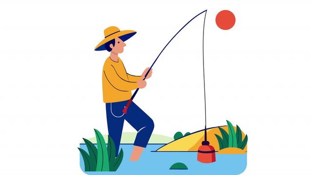 A fisherman on a fishing trip. Animation of a fisherman on the shore, alpha channel. Cartoon