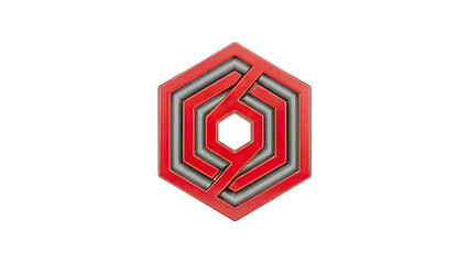Abstract Red Hexagonal Geometric Logo Symbol Interlocking Forms With Metallic Silver Accents On A Black Background Representing Modern Technology And Innovation