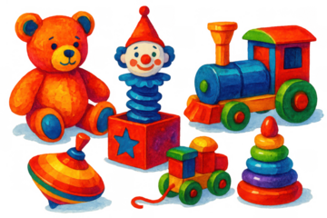 Assorted classic children's toys painted in vibrant colors, depicting playtime and imagination. Items include a bear, clown, engine, and pyramid