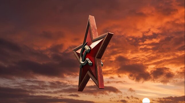 A 3D-rendered red star featuring the hammer and sickle emblem, floating against a dramatic, cloudy orange sunset sky.