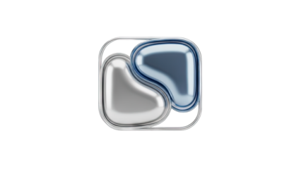 Abstract Interlocking Metallic Silver and Blue Fluid 3D Shapes on Transparent Background