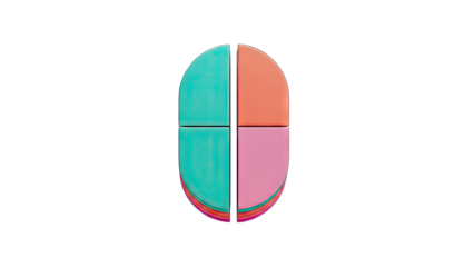 Abstract digital icon shape divided into four colorful quadrants teal coral pink and purple with a transparent background illustration