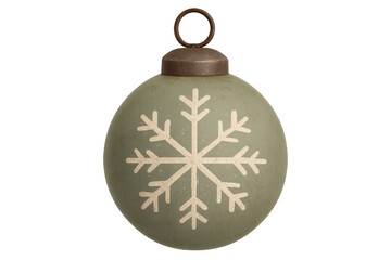 Fototapeta premium Green vintage christmas bauble featuring a white snowflake design, hanging ring at top, providing festive holiday decoration