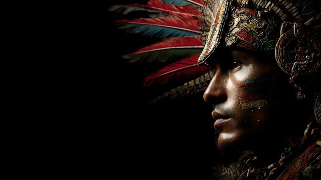 Close-up Profile of a Warrior in Traditional Headdress.