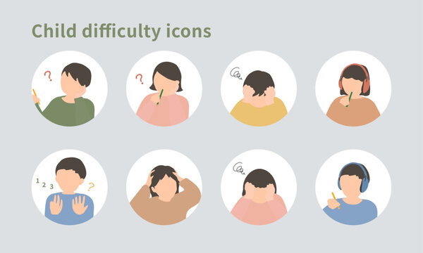 学習や学校生活で困りごとを感じる小学生のイメージセット