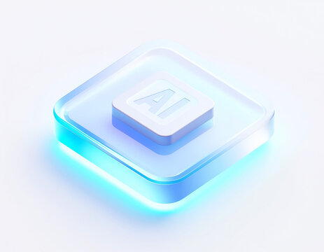 3D Isometric AI Chip Icon with stacked square layers, glowing blue translucent base and white recessed top&mdash;modern futuristic digital design.