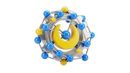 Abstract Futuristic Molecular Structure with Blue and Yellow Spheres and Gear Elements on Transparent Background