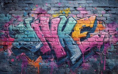Fototapeta premium Colorful graffiti art on weathered brick wall urban street background