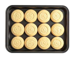 Twelve Shortbread Cookies with Floral Design on a Dark Baking Sheet