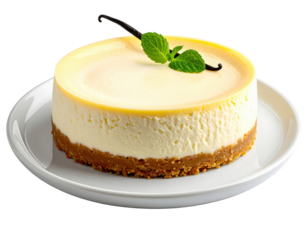 Delicious New York Cheesecake with Vanilla Bean and Mint on White Plate
