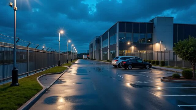 Drone Flyover of Corporate Data Facility Showing Parking Area and Perimeter Security Measures