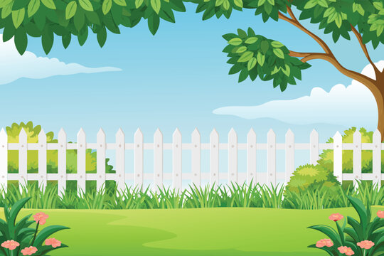 a peaceful summer scene with a white picket fence and lush greenery high quality