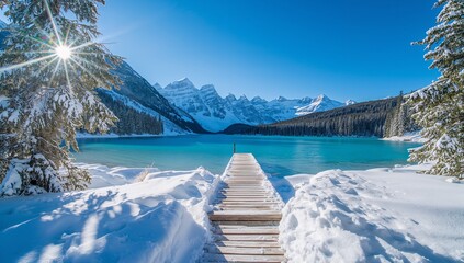 Breathtaking winter landscape with a wooden pier leading to a frozen mountain lake.