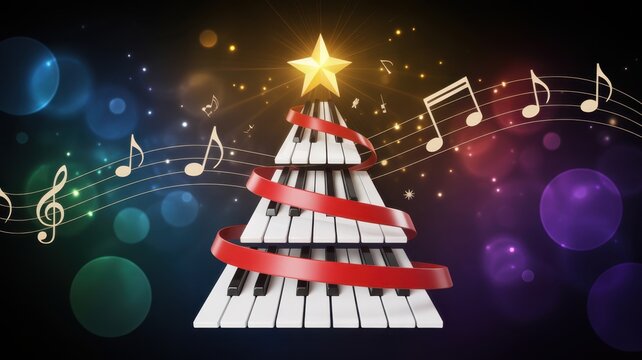 Musical Holiday Celebration: A festive illustration of a musical Christmas tree adorned with piano keys, golden star, and musical notes.