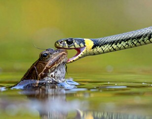 Obraz premium A snake attempts to devour a frog in water