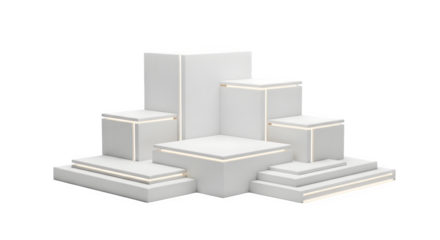 Minimalist white geometric risers and display platforms arranged in a tiered formation isolated on transparent background