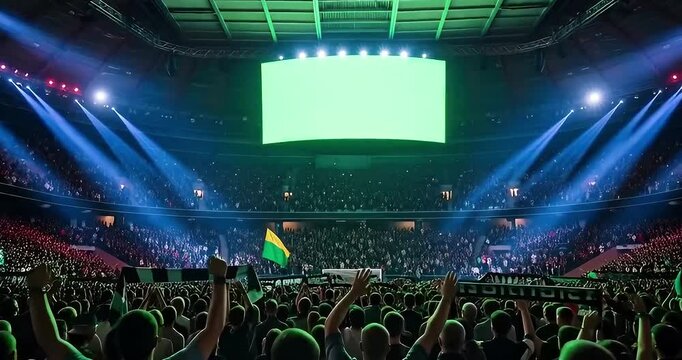 a vibrant and expansive view of a soccer stadium filled with enthusiastic fans illuminated by bright lights and a large screen