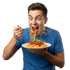 Happy man enjoying delicious spaghetti bolognese dinner