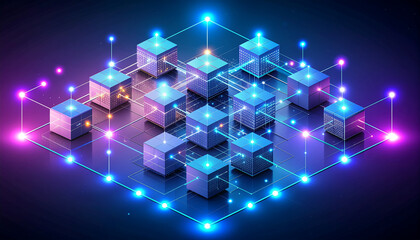 Vibrant digital network concept featuring glowing interconnected cubes and luminous lines, illustrating data flow, blockchain technology, and secure digital infrastructure