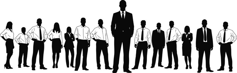 Professional Business Team Silhouettes, Corporate Leader Standing Out, Diverse Group of Successful Executives, Isolated Vector Illustration of Teamwork, Unity and Management