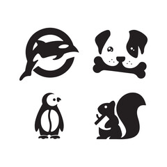 Obraz premium Four simple black silhouette animal icons, including orca dog penguin squirrel and Whale