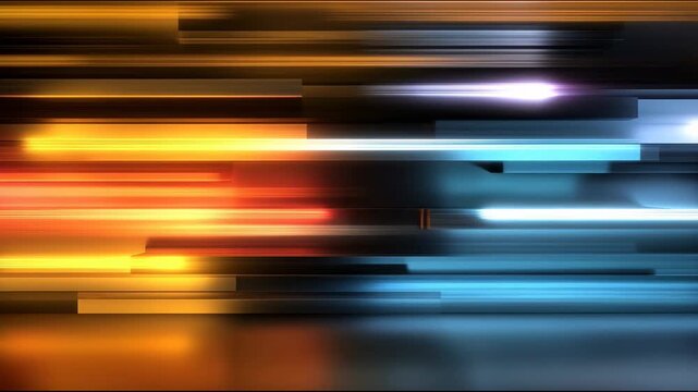 Abstract horizontal beams of orange and blue neon rush rapidly through the darkness, forming a dynamic technological background with a speed effect