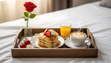 Romantic Breakfast in Bed with Pancakes, Coffee, Orange Juice and Red Rose on Wooden Tray