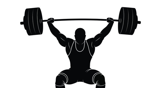 Powerful Weightlifter Silhouette Icon: Man Performing Overhead Barbell Lift, Symbolizing Strength, Fitness, and Athletic Achievement in Sport