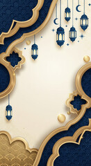 Elegant Islamic background with hanging lanterns, crescent moons, and stars in blue and gold patterns, perfect for Ramadan or Eid celebrations.