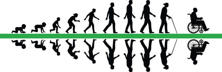 Human Life Cycle Silhouettes, Vector Illustration of Aging Process from Baby to Elderly Man in Wheelchair, Development, Evolution, and Time Passage Concept on White