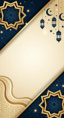 Elegant Islamic background with golden stars, crescent moons, lanterns, and geometric patterns for Ramadan or Eid.