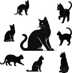 Set of eight black cat silhouettes isolated on white background looking in different directions