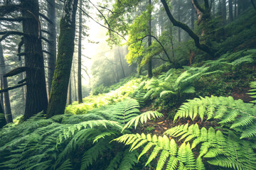 Lush green ferns in forest canopy