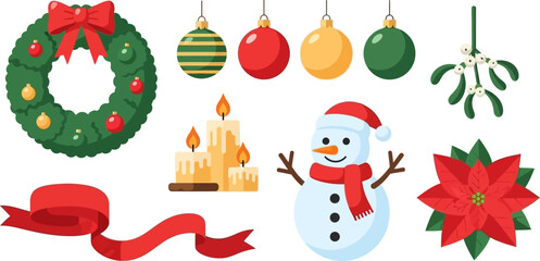 Festive Embellishments: Adornments of Christmas Cheer! A vibrant assortment of holiday ornaments, including wreaths, baubles, candles, snowmen, and poinsettias, ready to illuminate the joyous season.