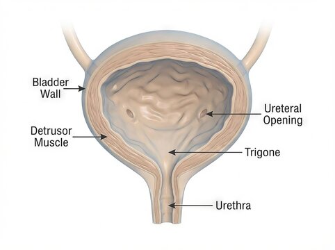 Detailed Human Urinary Bladder Anatomy Medical Illustration with Labeled Detrusor Muscle, Trigone, and Urethra, ideal for educational urinary system diagrams.