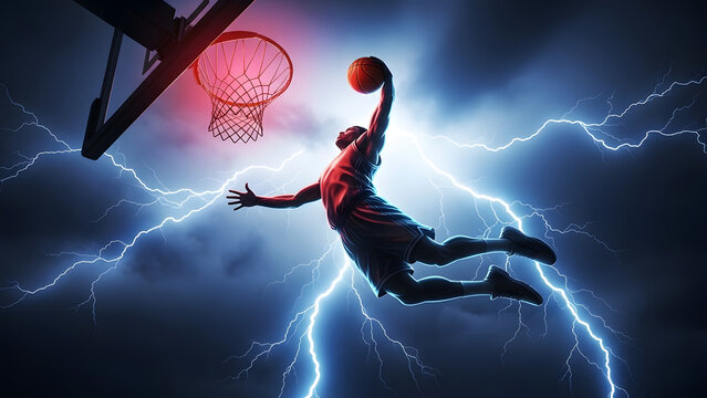 Basketball player performing a powerful dunk amidst a dramatic lightning storm