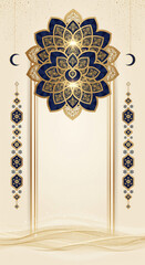 Elegant Islamic prayer rug design with golden and blue mandala pattern and crescent moons, featuring intricate geometric borders.