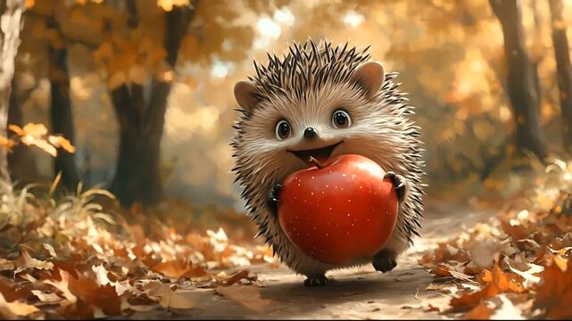 Cute hedgehog carrying a red apple in autumn forest