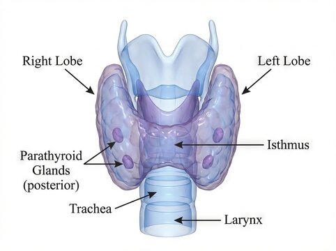 Detailed 3D medical illustration of human thyroid gland and parathyroid glands with trachea, larynx, showcasing vital endocrine system anatomy for educational health content.