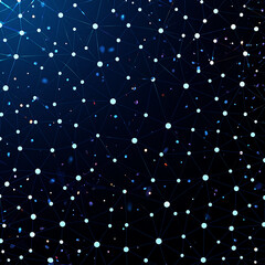 Abstract network of glowing nodes and connections on a dark blue background, digital communication concept