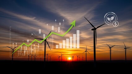 Wind Turbines at Sunset with Green Energy Growth Chart.