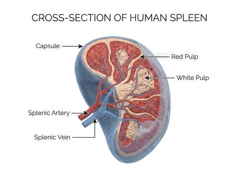 Detailed human spleen anatomy cross-section medical illustration, showcasing its internal organ biological structure as an educational diagram for healthcare and scientific applications.