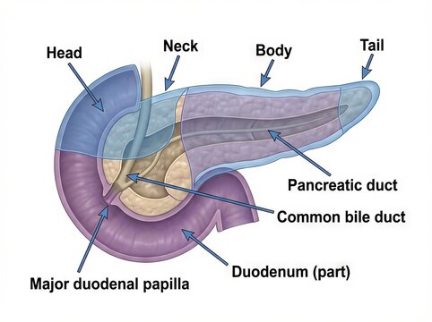 Detailed medical illustration showcasing human pancreas anatomy with labelled duodenum, digestive organ sections, and crucial duct system for scientific education.